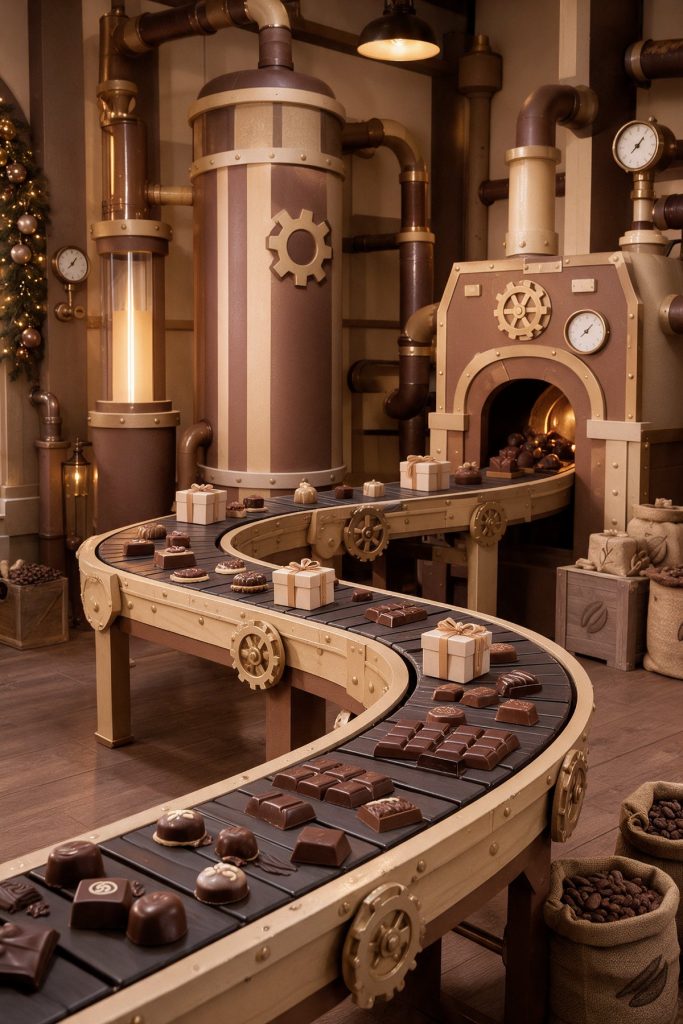 Recreación del decorado de la fábrica de chocolate para las sesiones de Navidad en Calma Estudio, Utebo (Zaragoza)
