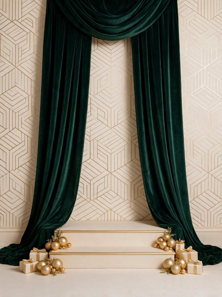 Recreación del decorado del telón de terciopelo verde con pared art déco para las sesiones de Navidad en Calma Estudio, Utebo (Zaragoza)