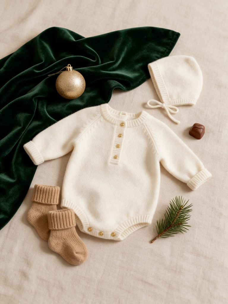 Pelele de punto crudo para bebé con calcetines camel para sesión de Navidad
