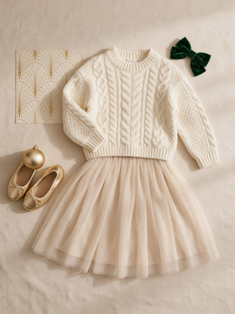 Jersey de punto crudo con falda de tul beige y lazo de terciopelo verde para sesión de Navidad