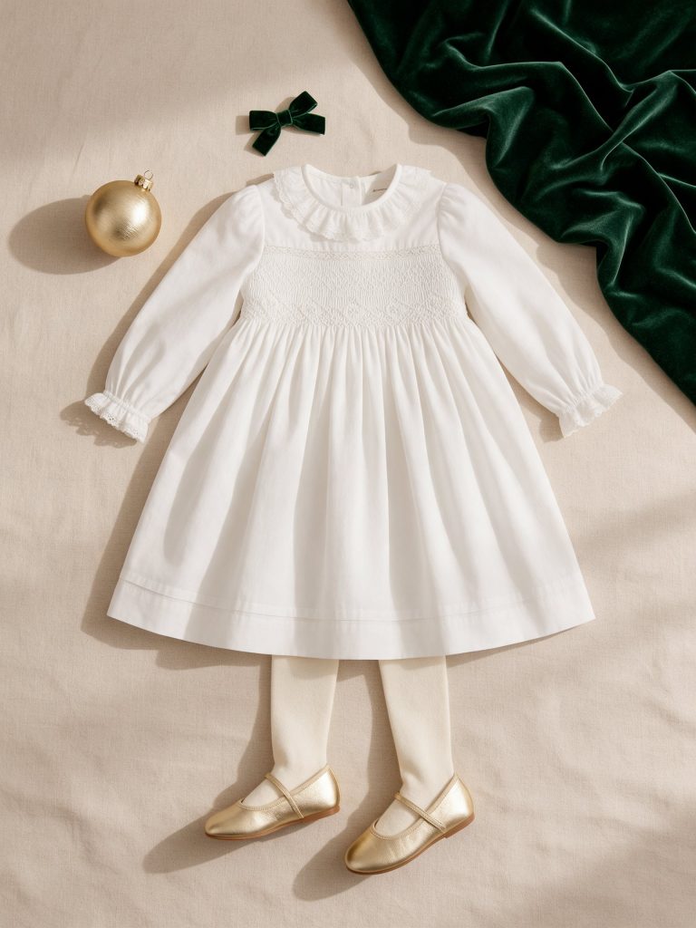 Vestido blanco de manga larga con leotardos crudos y merceditas doradas para sesión de Navidad