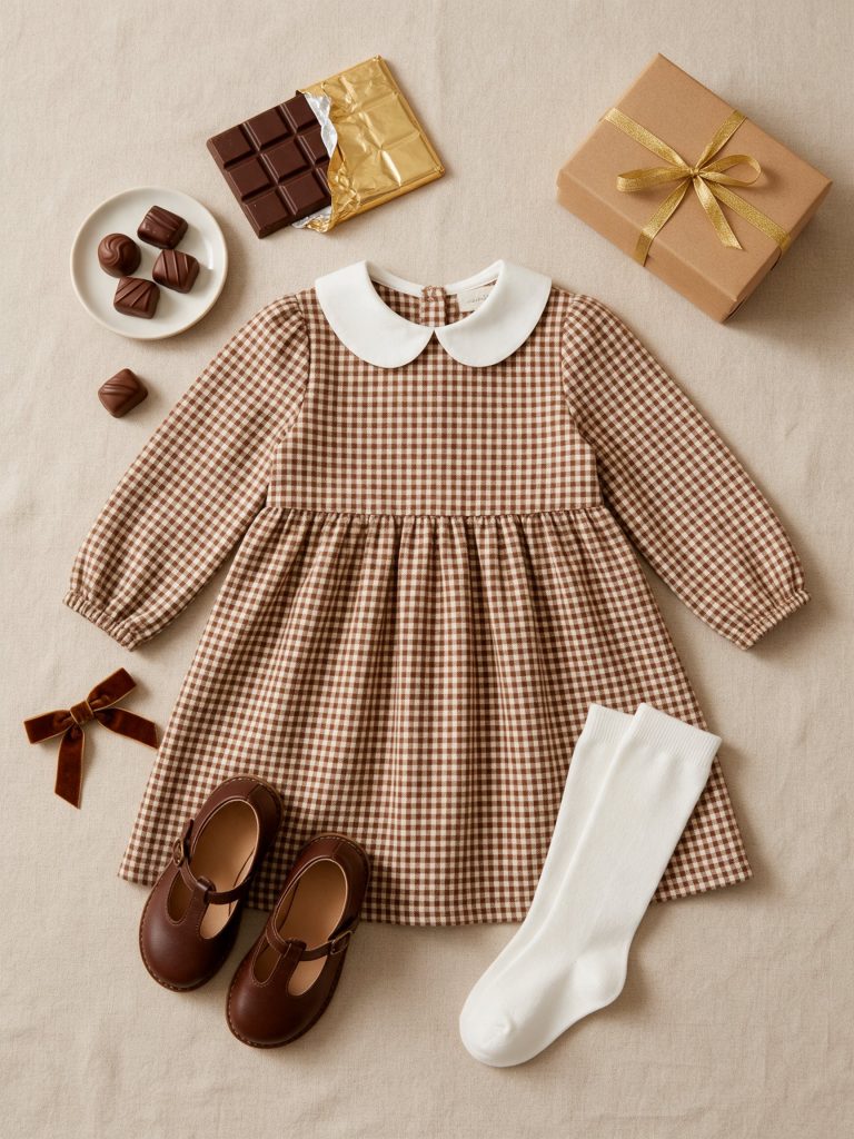 Vestido de cuadros vichy marrón con cuello bebé blanco para sesión de Navidad
