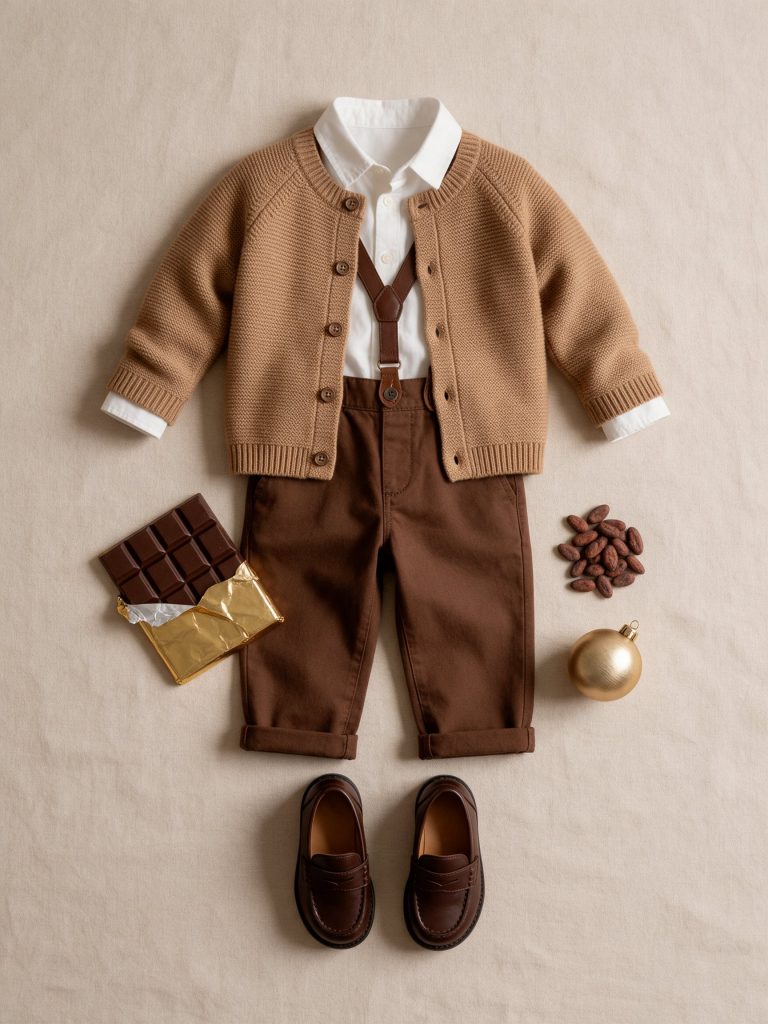 Cárdigan camel con camisa blanca y pantalón chocolate con tirantes para sesión de Navidad