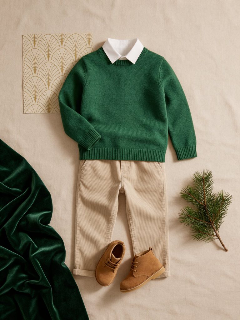 Jersey verde con cuello de camisa blanco y pantalón de pana beige para sesión de Navidad