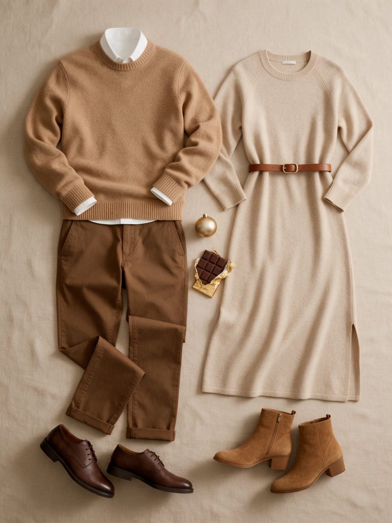 Ropa coordinada para padres en tonos camel, beige y chocolate para la foto familiar de Navidad